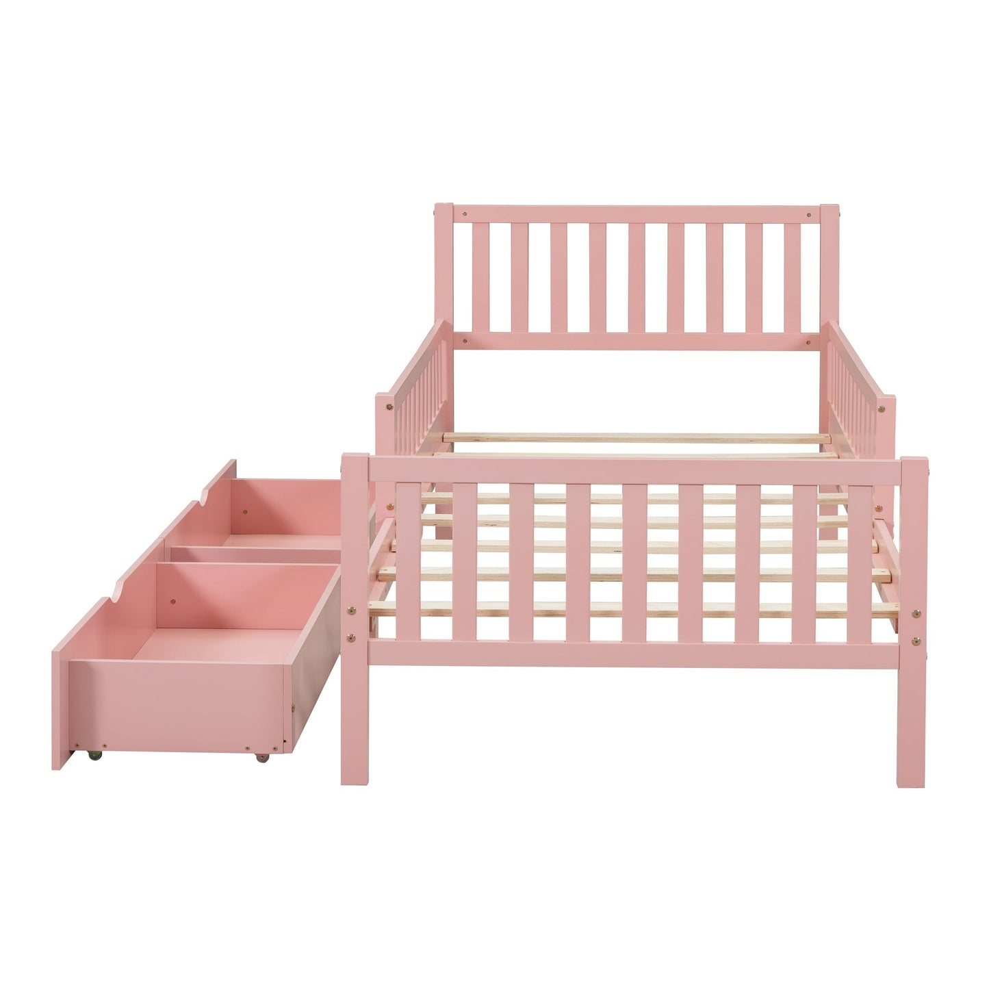 Twin Size Wood Platform Bed with Guardrails on Both Sides and Two Storage Drawers ,Pink - 1st Choice Furniture Direct