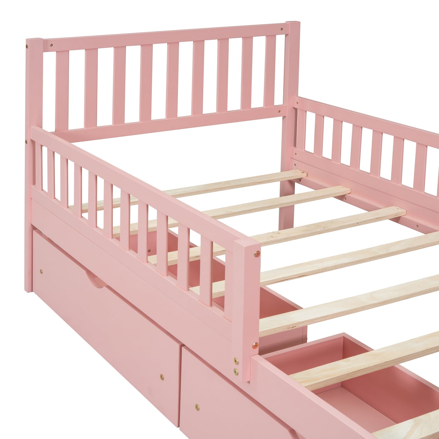 Twin Size Wood Platform Bed with Guardrails on Both Sides and Two Storage Drawers ,Pink - 1st Choice Furniture Direct