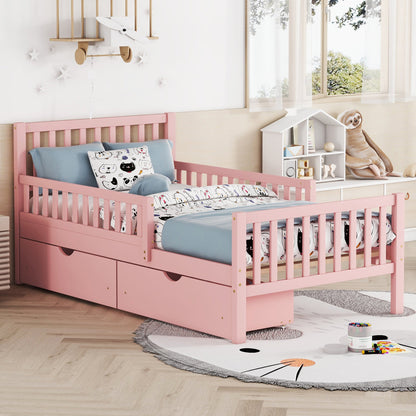Twin Size Wood Platform Bed with Guardrails on Both Sides and Two Storage Drawers ,Pink - 1st Choice Furniture Direct