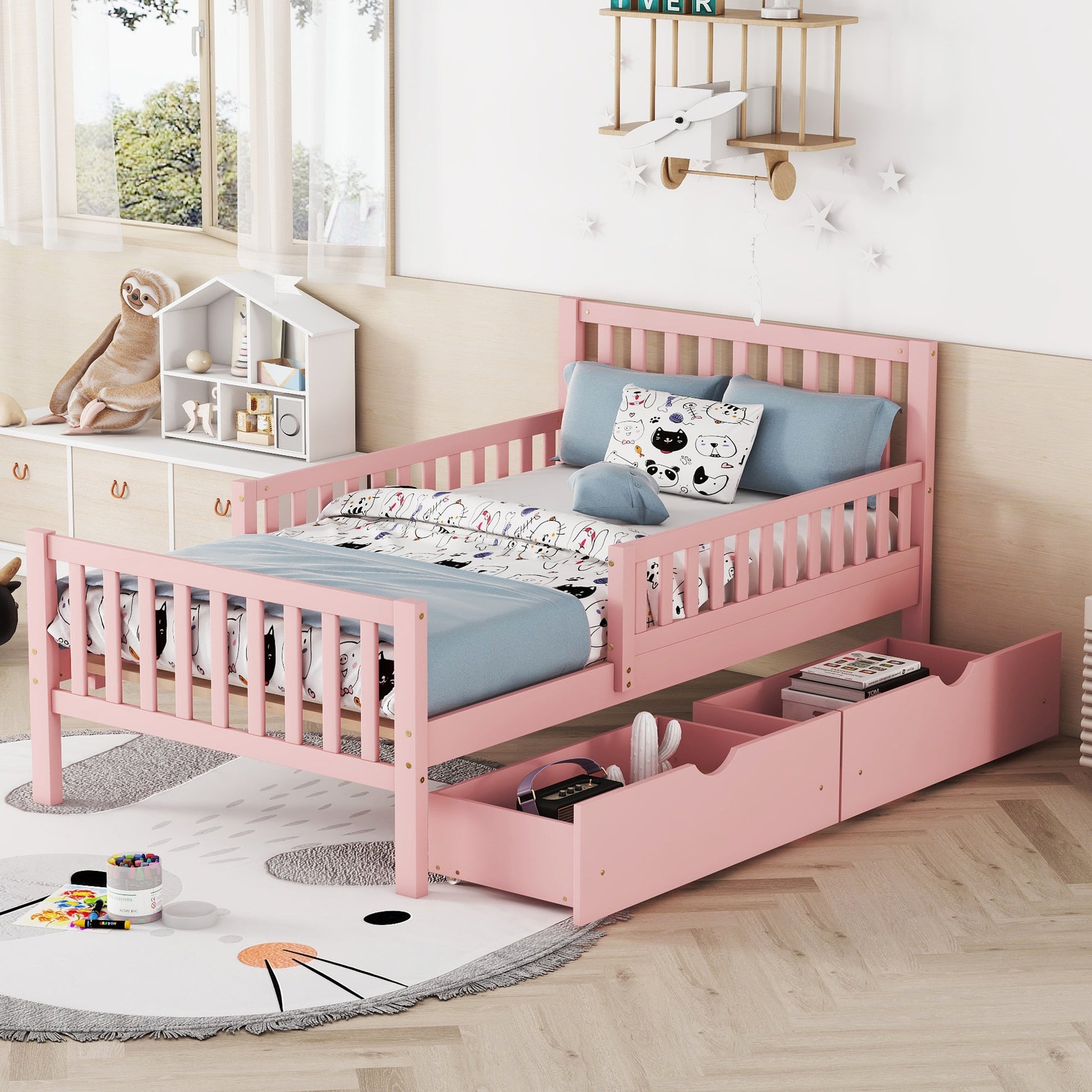 Twin Size Wood Platform Bed with Guardrails on Both Sides and Two Storage Drawers ,Pink - 1st Choice Furniture Direct