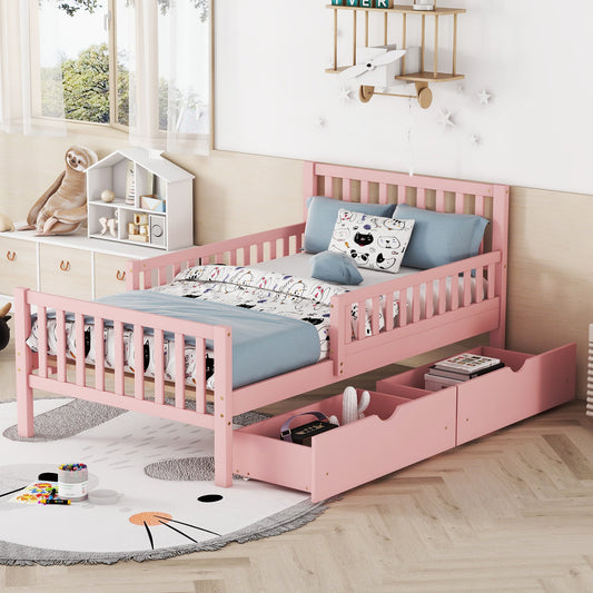 Twin Size Wood Platform Bed with Guardrails on Both Sides and Two Storage Drawers ,Pink - 1st Choice Furniture Direct