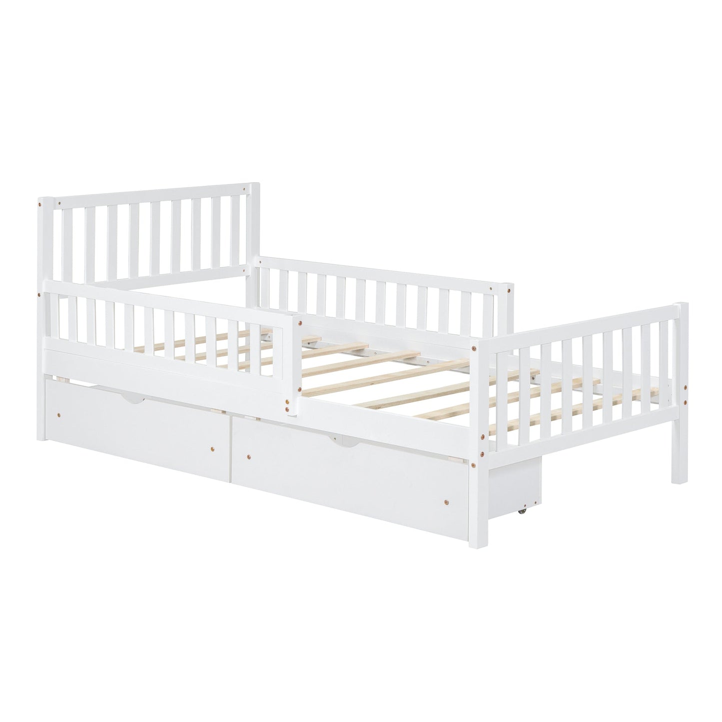 Twin Size Wood Platform Bed with Guardrails on Both Sides and Two Storage Drawers ,White - 1st Choice Furniture Direct