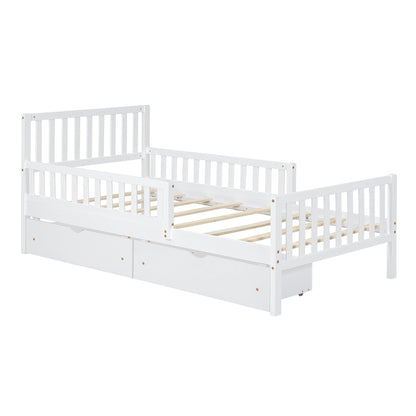Twin Size Wood Platform Bed with Guardrails on Both Sides and Two Storage Drawers ,White - 1st Choice Furniture Direct