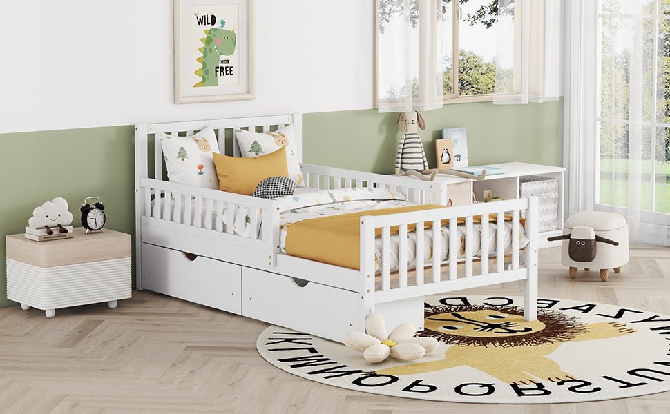 Twin Size Wood Platform Bed with Guardrails on Both Sides and Two Storage Drawers ,White - 1st Choice Furniture Direct