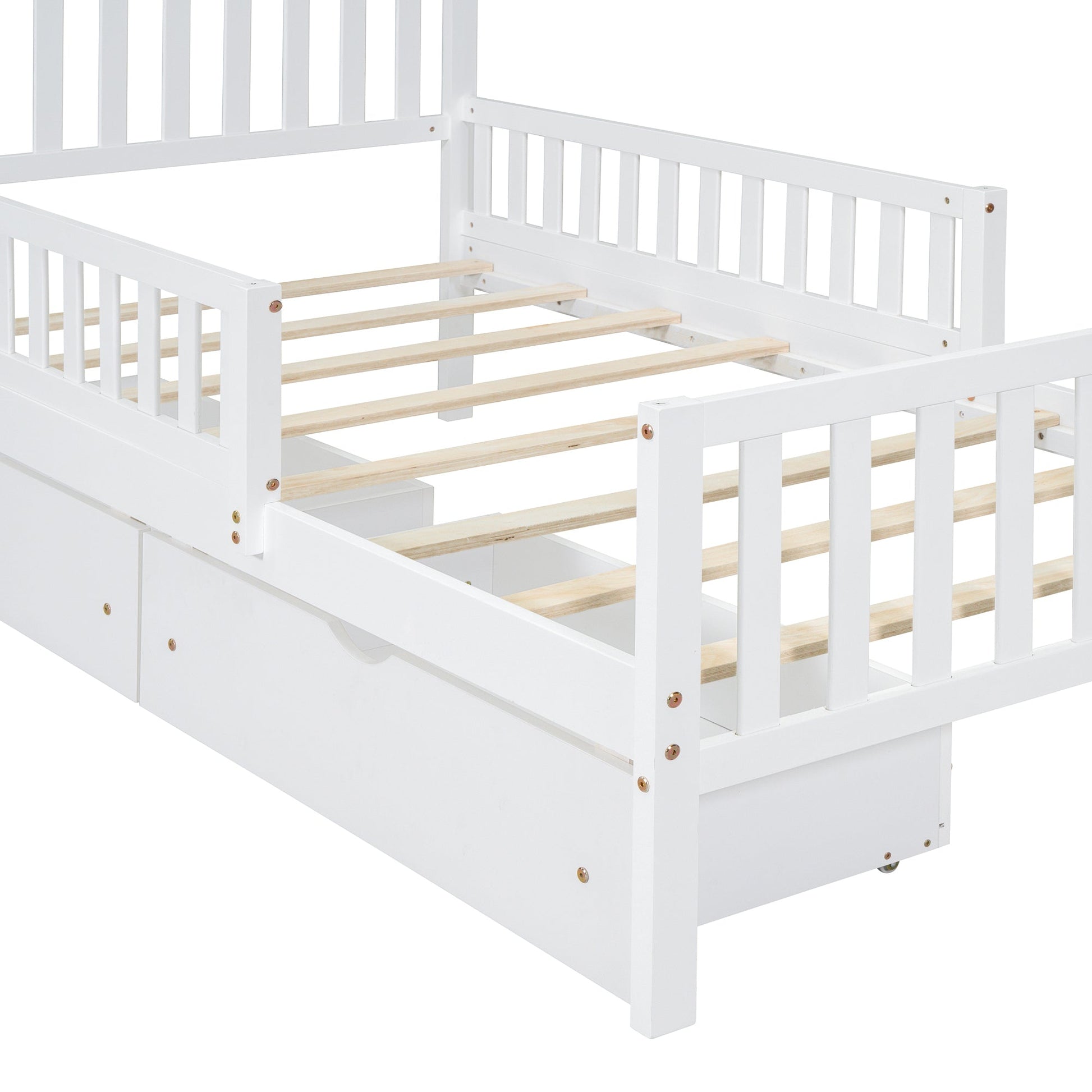 Twin Size Wood Platform Bed with Guardrails on Both Sides and Two Storage Drawers ,White - 1st Choice Furniture Direct