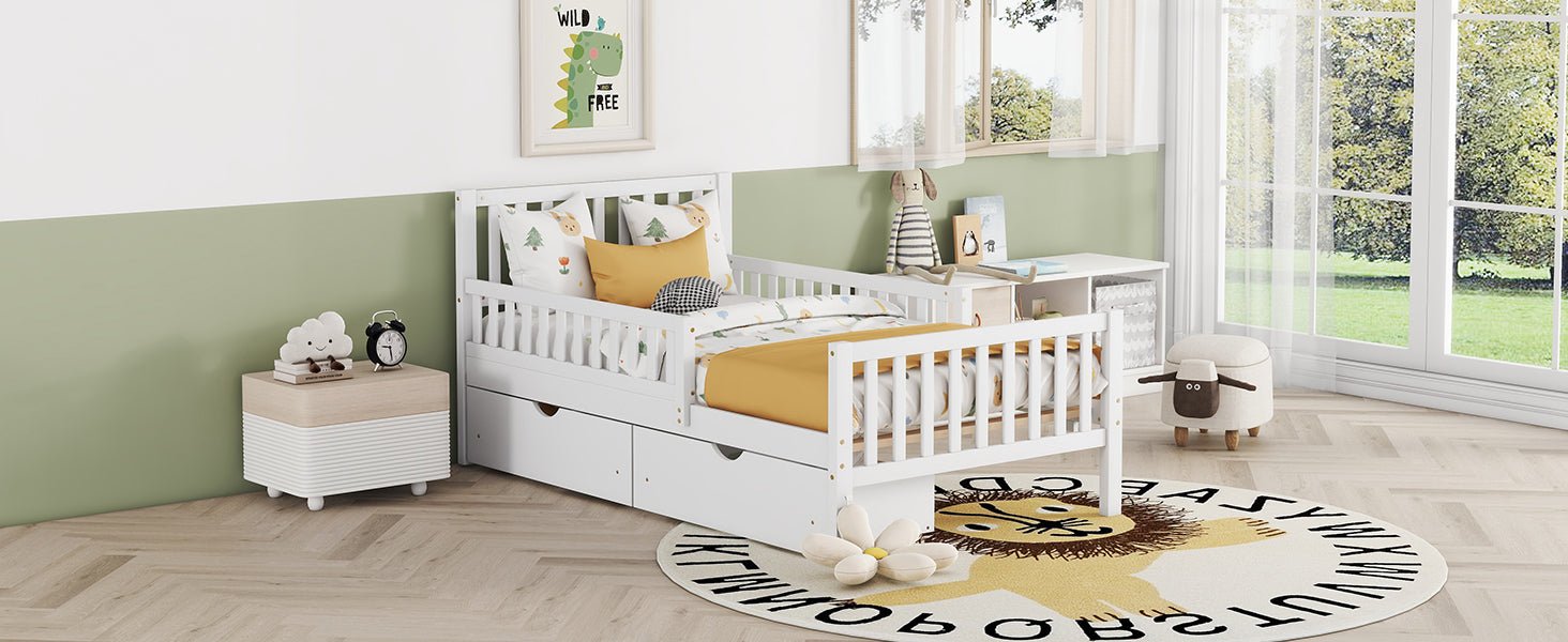 Twin Size Wood Platform Bed with Guardrails on Both Sides and Two Storage Drawers ,White - 1st Choice Furniture Direct
