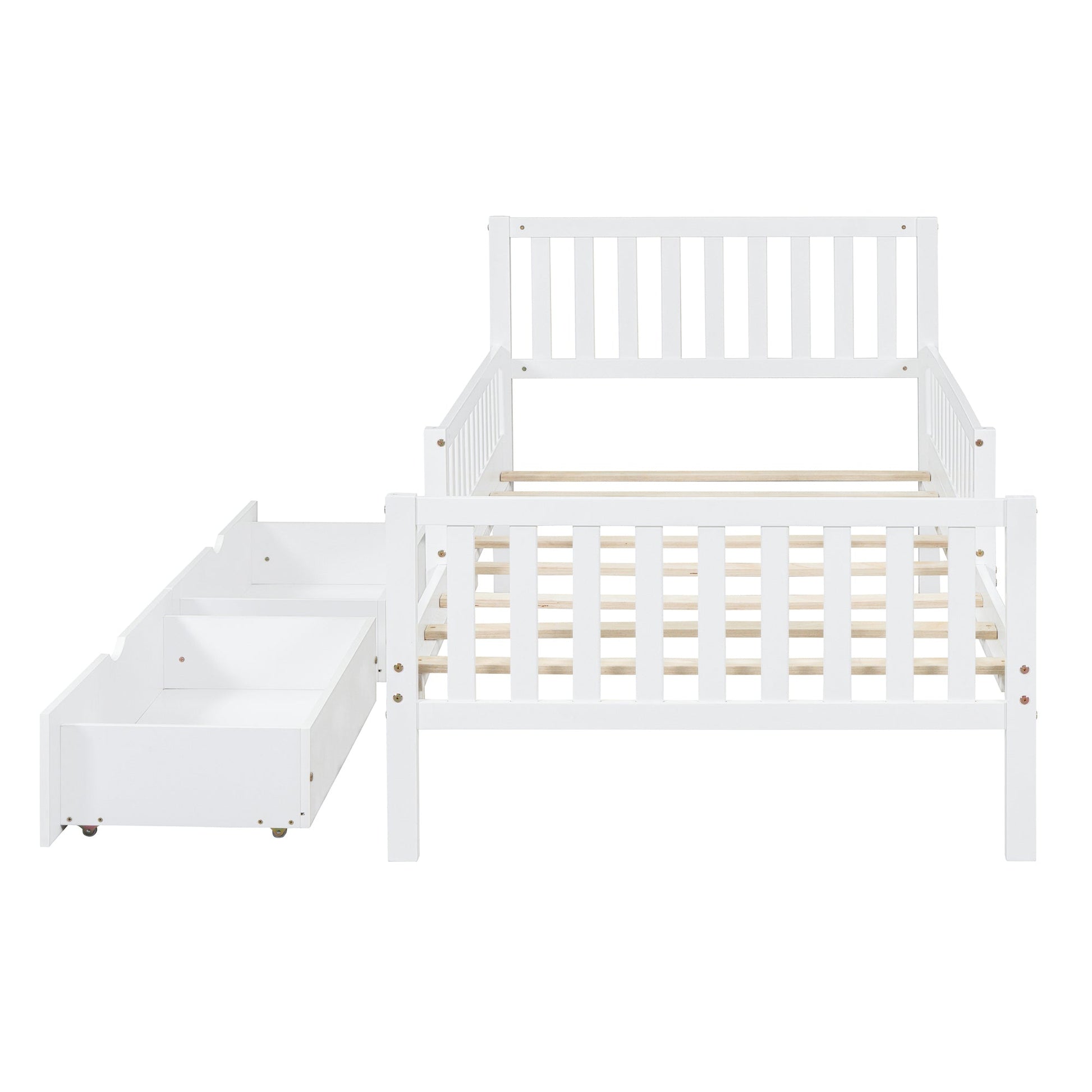 Twin Size Wood Platform Bed with Guardrails on Both Sides and Two Storage Drawers ,White - 1st Choice Furniture Direct