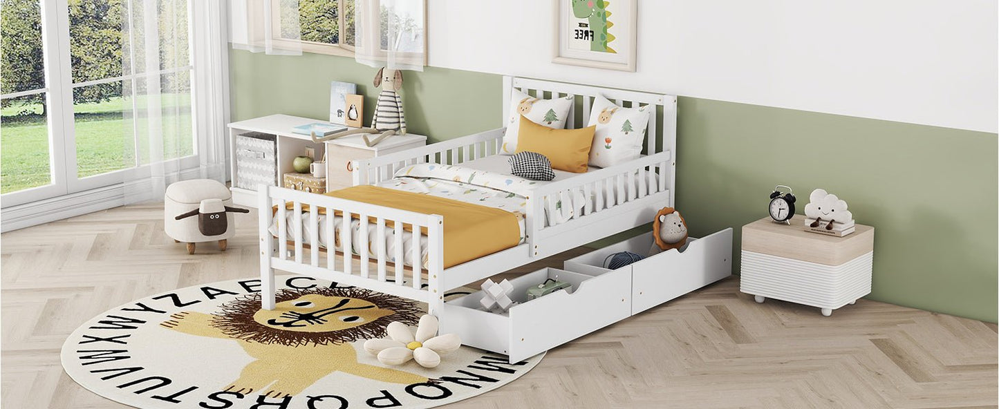 Twin Size Wood Platform Bed with Guardrails on Both Sides and Two Storage Drawers ,White - 1st Choice Furniture Direct