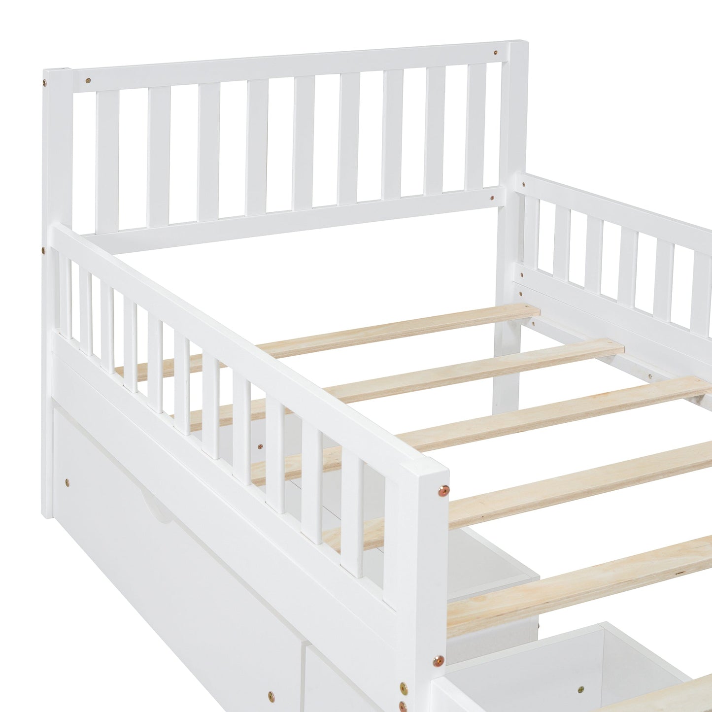 Twin Size Wood Platform Bed with Guardrails on Both Sides and Two Storage Drawers ,White - 1st Choice Furniture Direct