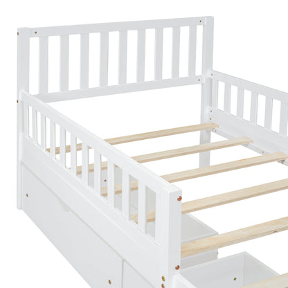 Twin Size Wood Platform Bed with Guardrails on Both Sides and Two Storage Drawers ,White - 1st Choice Furniture Direct