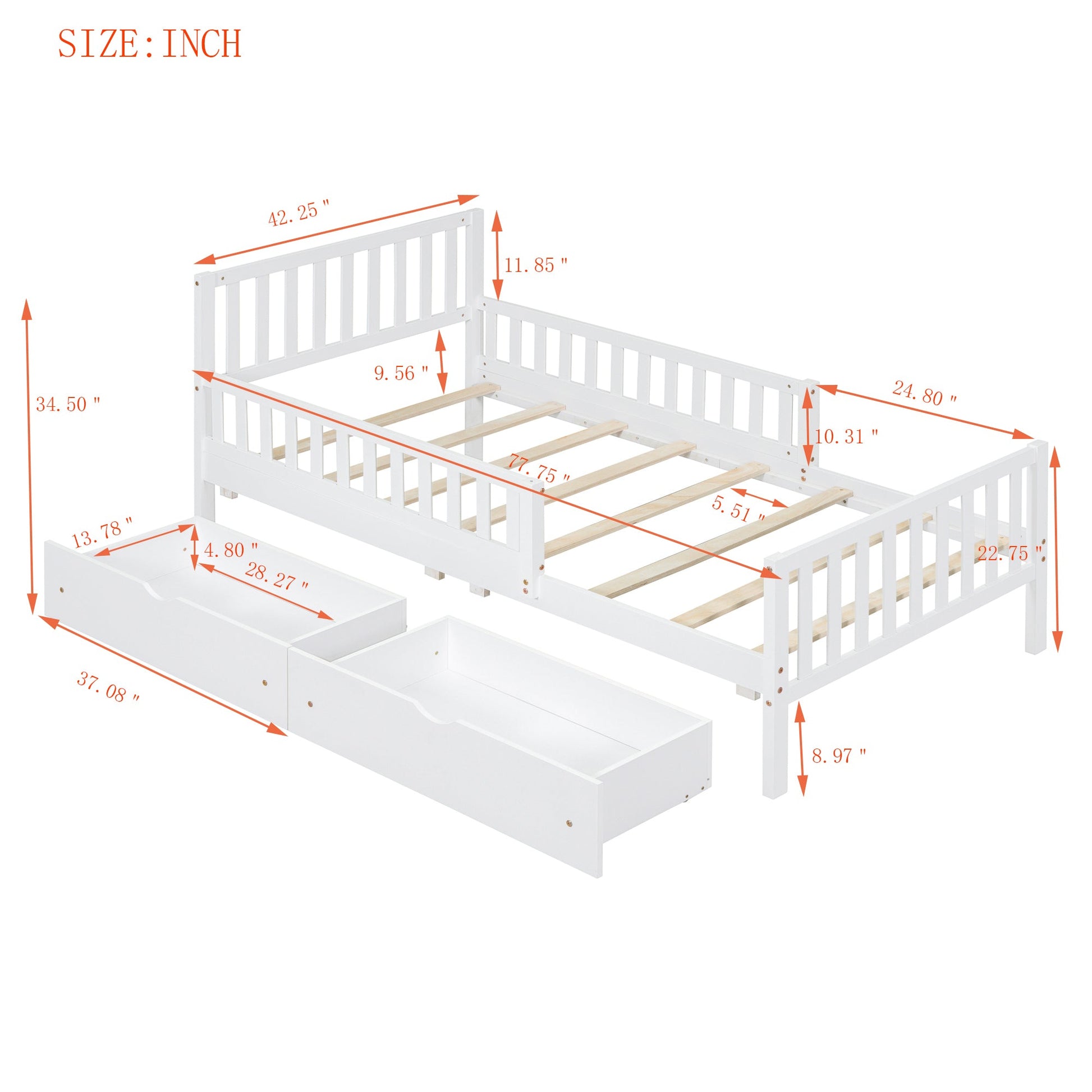 Twin Size Wood Platform Bed with Guardrails on Both Sides and Two Storage Drawers ,White - 1st Choice Furniture Direct