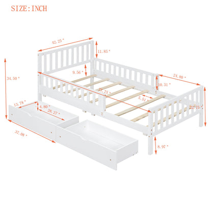 Twin Size Wood Platform Bed with Guardrails on Both Sides and Two Storage Drawers ,White - 1st Choice Furniture Direct