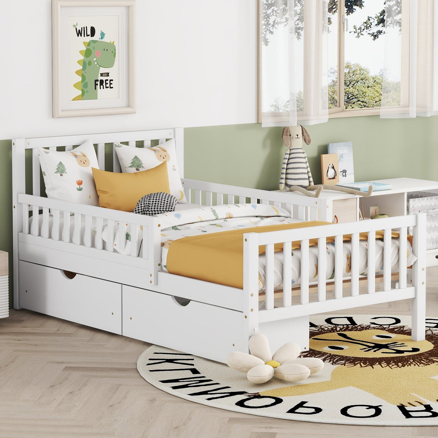Twin Size Wood Platform Bed with Guardrails on Both Sides and Two Storage Drawers ,White - 1st Choice Furniture Direct