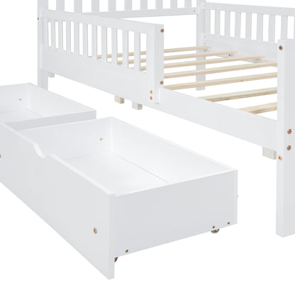 Twin Size Wood Platform Bed with Guardrails on Both Sides and Two Storage Drawers ,White - 1st Choice Furniture Direct