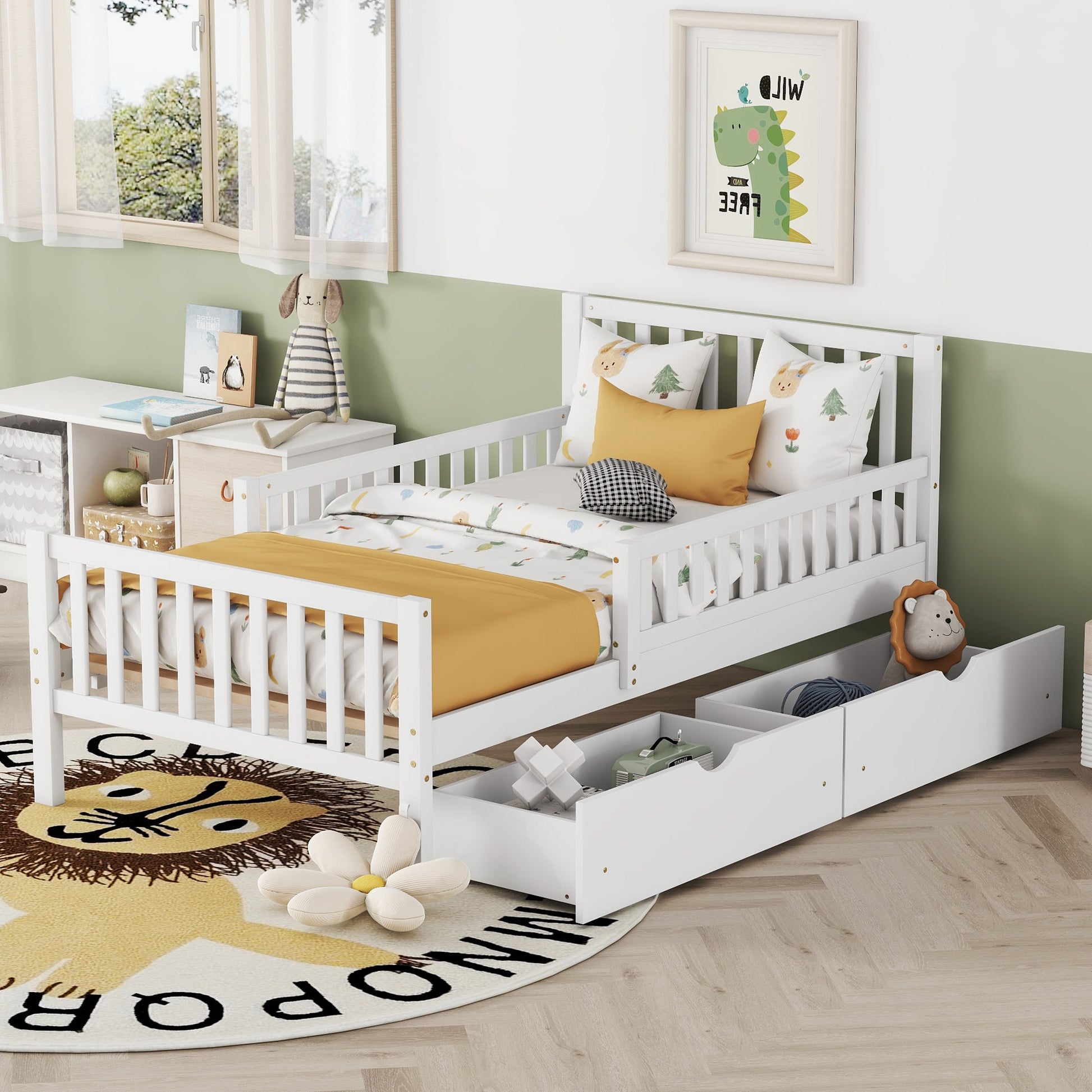 Twin Size Wood Platform Bed with Guardrails on Both Sides and Two Storage Drawers ,White - 1st Choice Furniture Direct