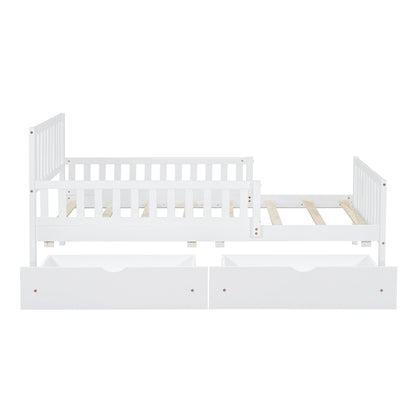 Twin Size Wood Platform Bed with Guardrails on Both Sides and Two Storage Drawers ,White - 1st Choice Furniture Direct