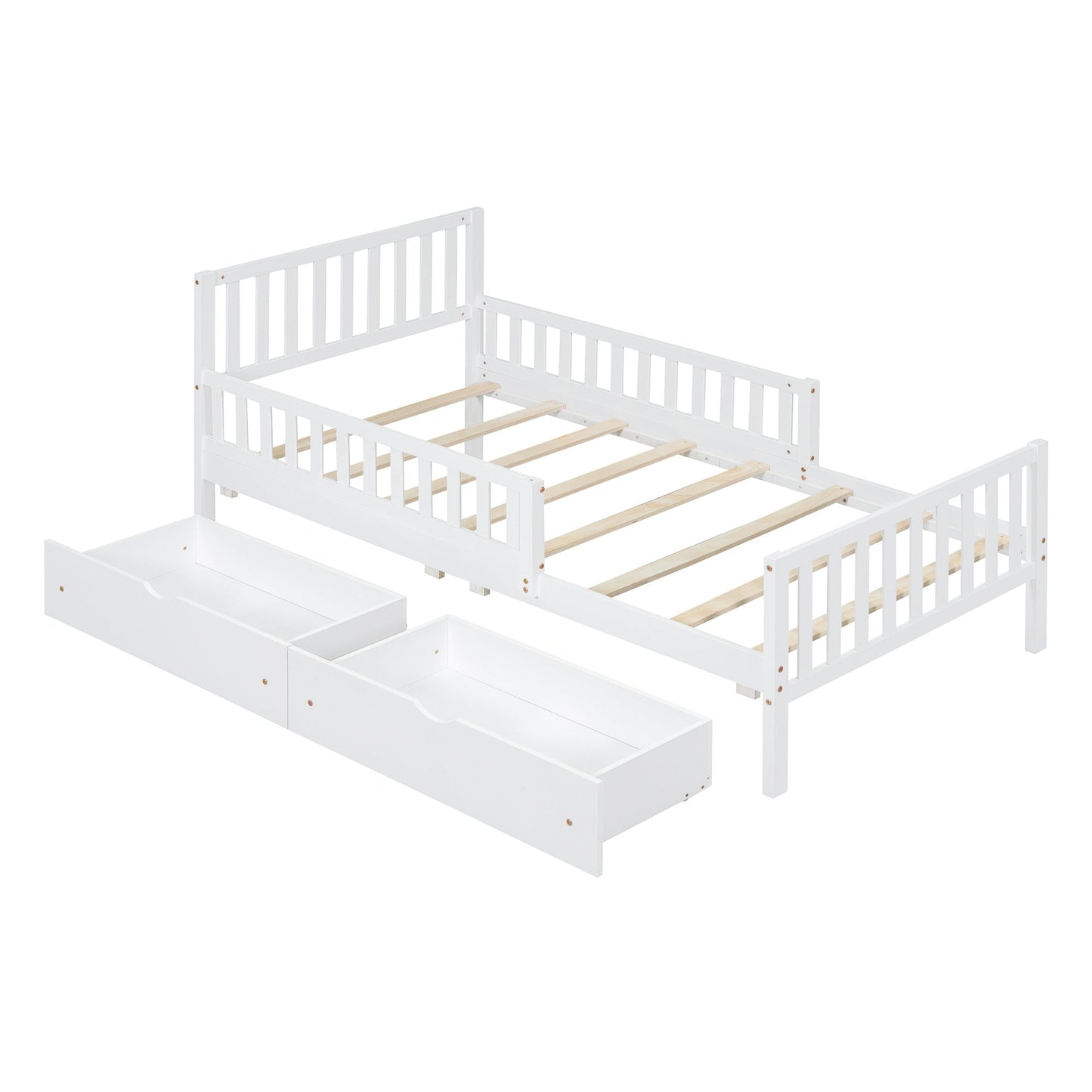 Twin Size Wood Platform Bed with Guardrails on Both Sides and Two Storage Drawers ,White - 1st Choice Furniture Direct