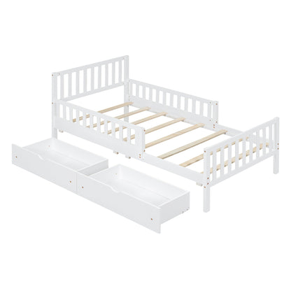 Twin Size Wood Platform Bed with Guardrails on Both Sides and Two Storage Drawers ,White - 1st Choice Furniture Direct