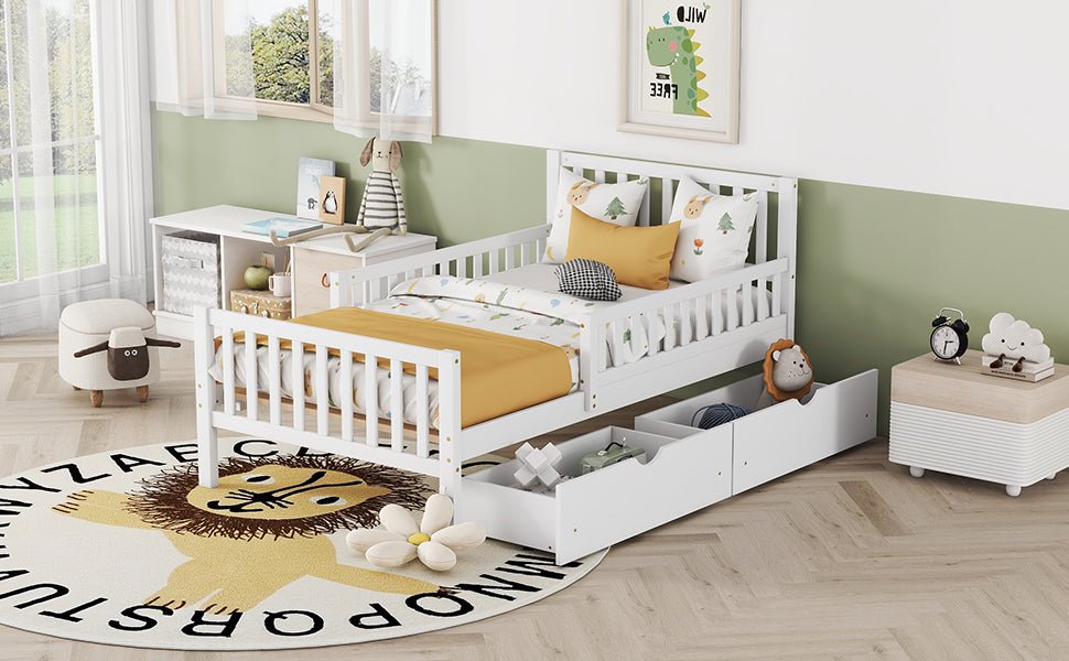Twin Size Wood Platform Bed with Guardrails on Both Sides and Two Storage Drawers ,White - 1st Choice Furniture Direct
