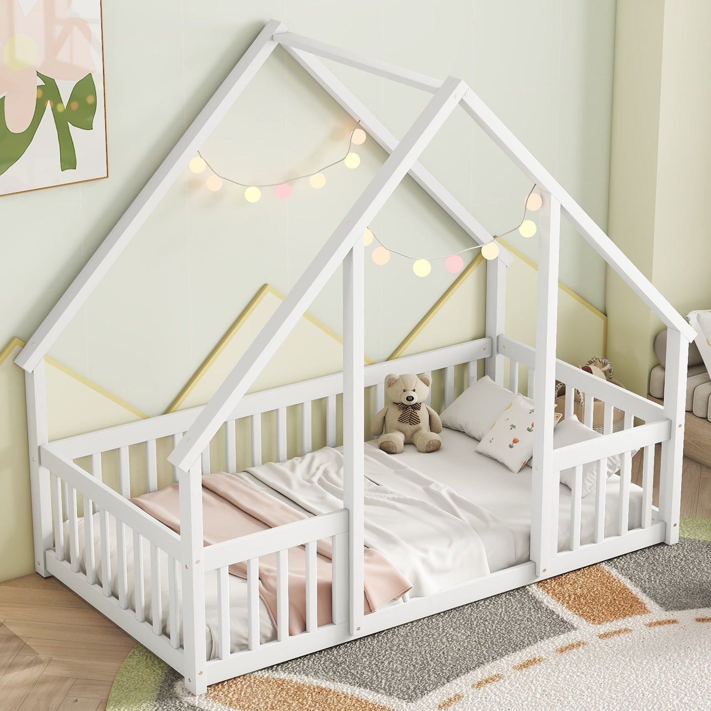 Twin Wood House - Shaped Floor Bed with Fence, Guardrails ,White - 1st Choice Furniture Direct