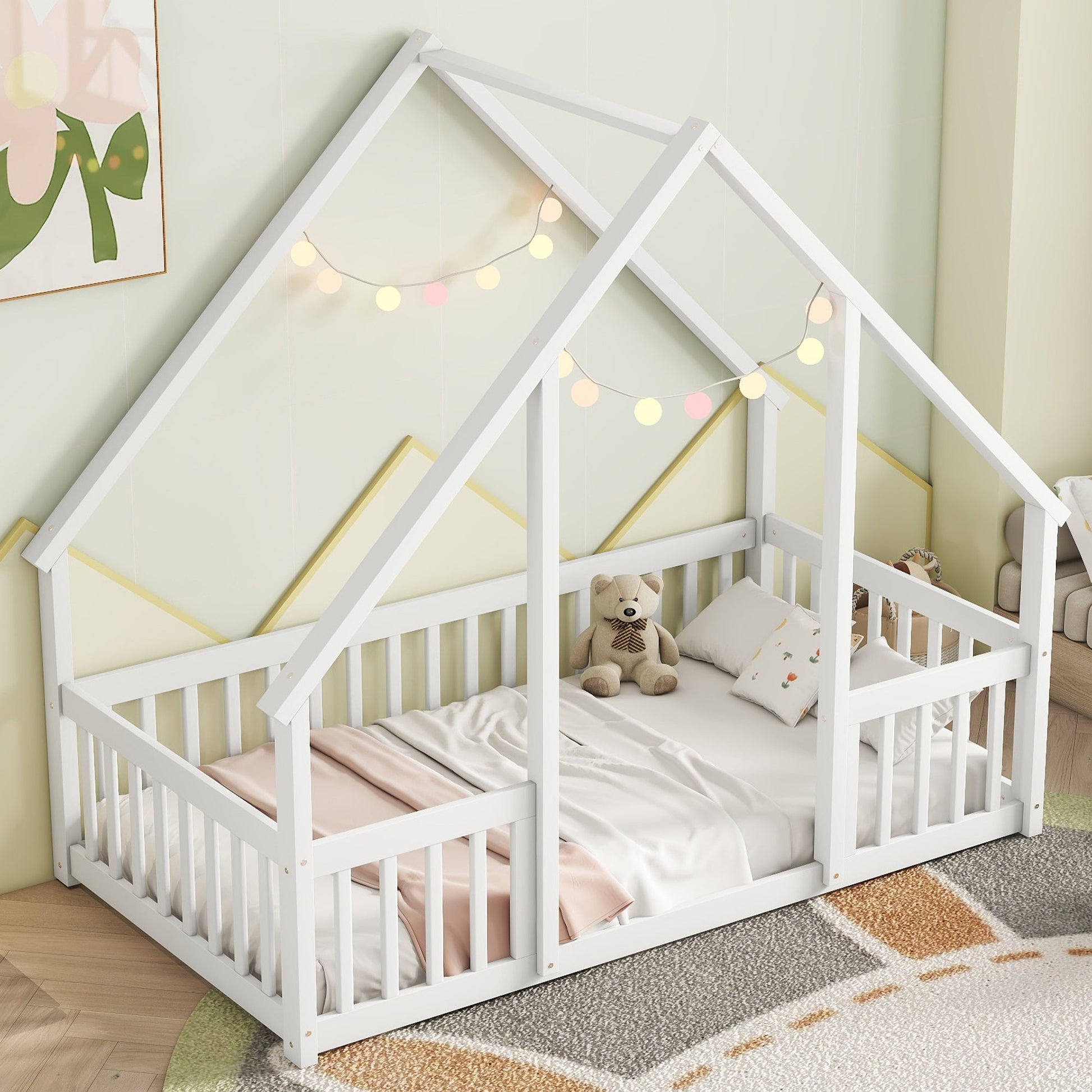 Twin Wood House - Shaped Floor Bed with Fence, Guardrails ,White - 1st Choice Furniture Direct