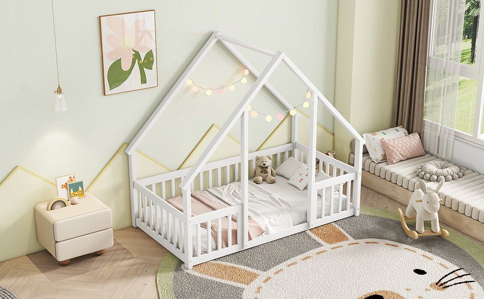 Twin Wood House - Shaped Floor Bed with Fence, Guardrails ,White - 1st Choice Furniture Direct