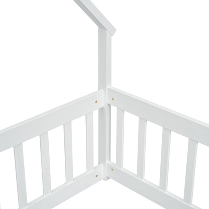 Twin Wood House - Shaped Floor Bed with Fence, Guardrails ,White - 1st Choice Furniture Direct