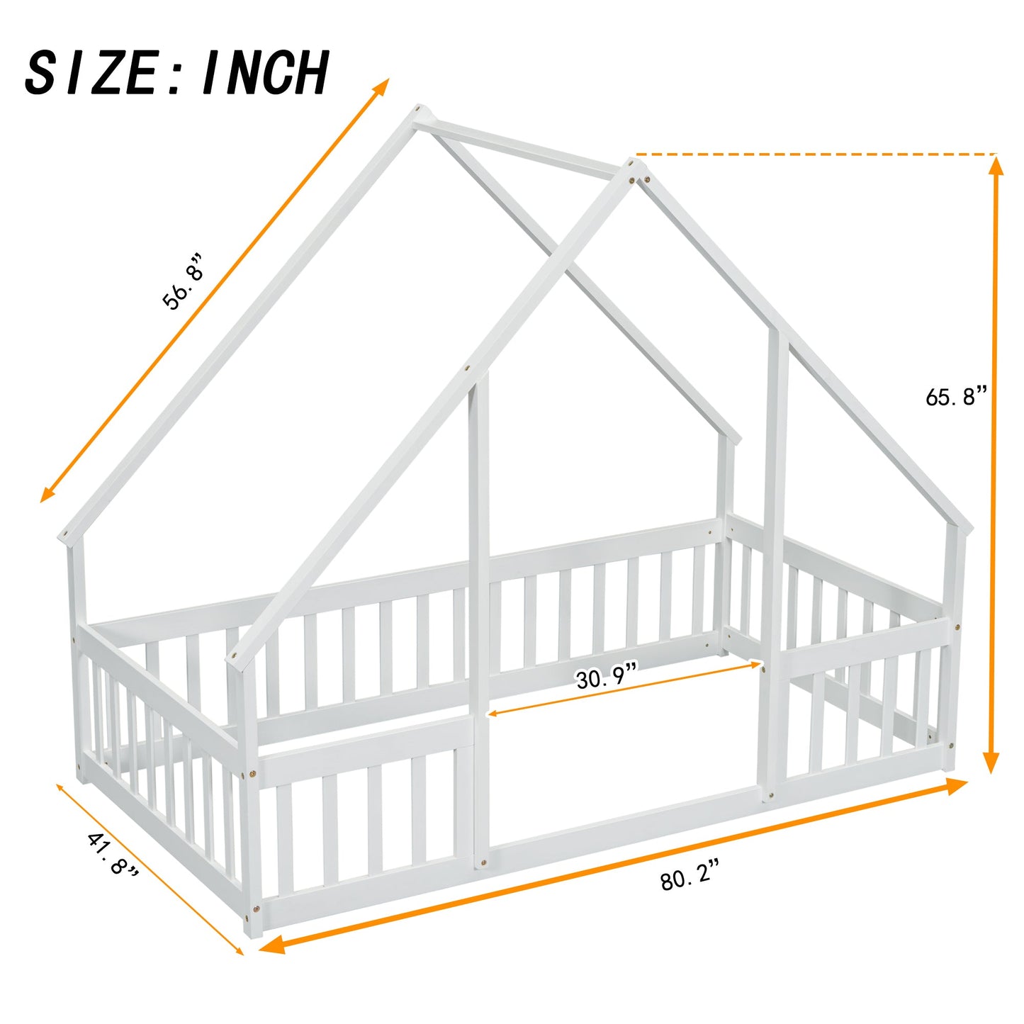 Twin Wood House - Shaped Floor Bed with Fence, Guardrails ,White - 1st Choice Furniture Direct
