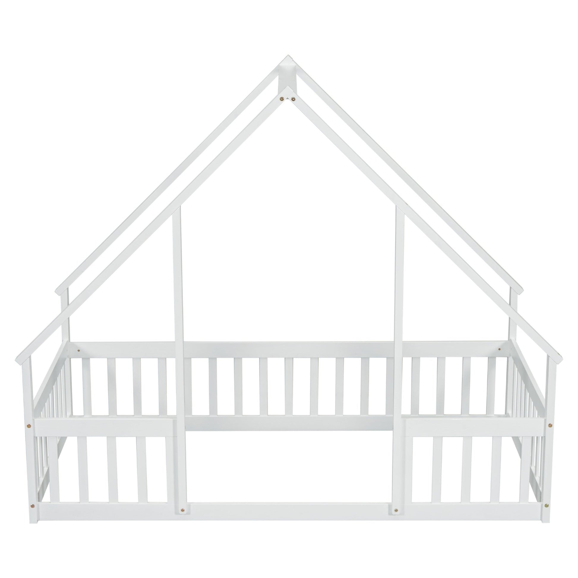 Twin Wood House - Shaped Floor Bed with Fence, Guardrails ,White - 1st Choice Furniture Direct