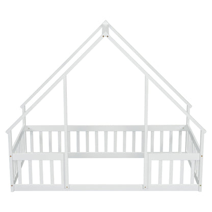 Twin Wood House - Shaped Floor Bed with Fence, Guardrails ,White - 1st Choice Furniture Direct