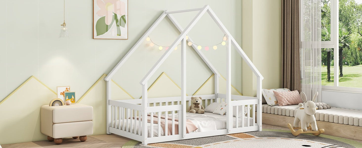Twin Wood House - Shaped Floor Bed with Fence, Guardrails ,White - 1st Choice Furniture Direct