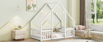Twin Wood House - Shaped Floor Bed with Fence, Guardrails ,White - 1st Choice Furniture Direct