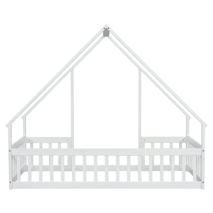 Twin Wood House - Shaped Floor Bed with Fence, Guardrails ,White - 1st Choice Furniture Direct