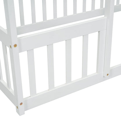 Twin Wood House - Shaped Floor Bed with Fence, Guardrails ,White - 1st Choice Furniture Direct
