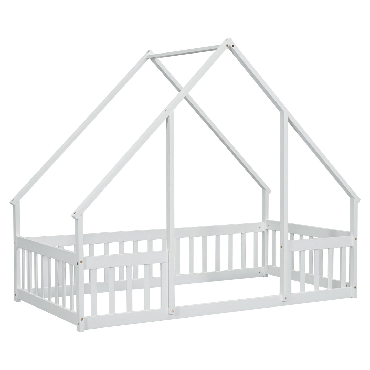 Twin Wood House - Shaped Floor Bed with Fence, Guardrails ,White - 1st Choice Furniture Direct