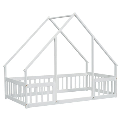 Twin Wood House - Shaped Floor Bed with Fence, Guardrails ,White - 1st Choice Furniture Direct
