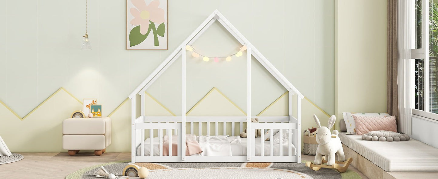 Twin Wood House - Shaped Floor Bed with Fence, Guardrails ,White - 1st Choice Furniture Direct