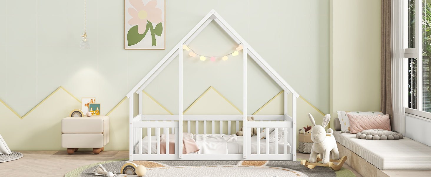 Twin Wood House - Shaped Floor Bed with Fence, Guardrails ,White - 1st Choice Furniture Direct