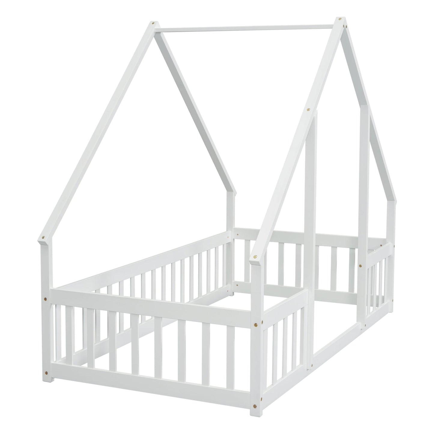 Twin Wood House - Shaped Floor Bed with Fence, Guardrails ,White - 1st Choice Furniture Direct