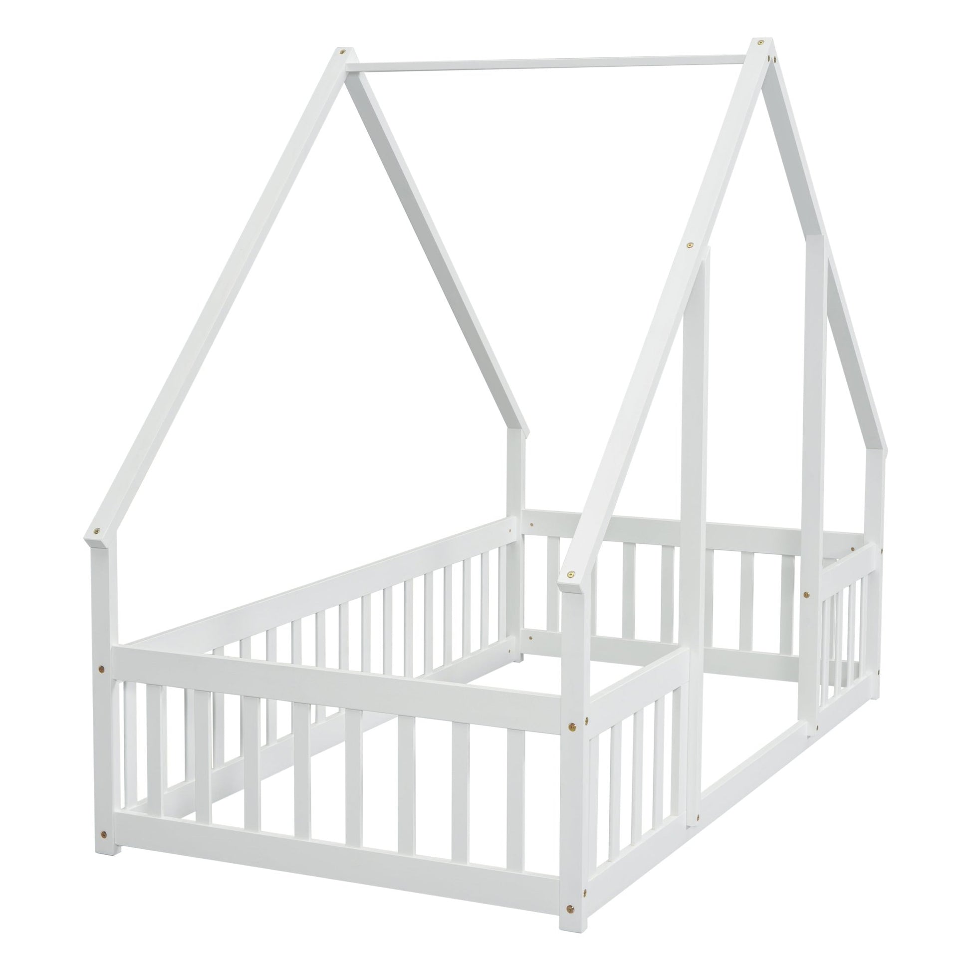 Twin Wood House - Shaped Floor Bed with Fence, Guardrails ,White - 1st Choice Furniture Direct