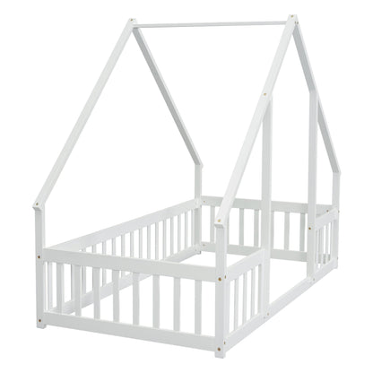 Twin Wood House - Shaped Floor Bed with Fence, Guardrails ,White - 1st Choice Furniture Direct