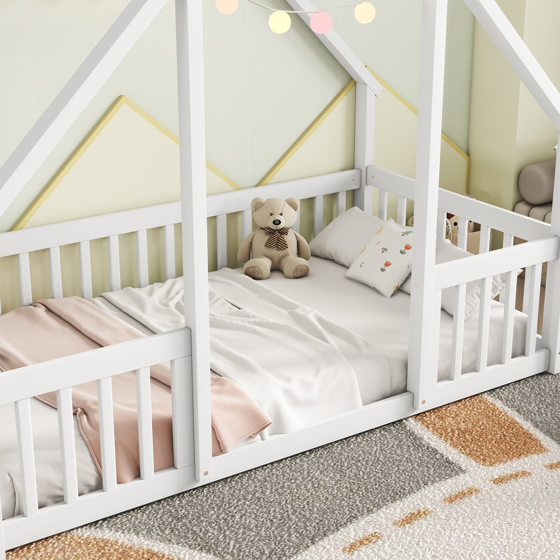 Twin Wood House - Shaped Floor Bed with Fence, Guardrails ,White - 1st Choice Furniture Direct