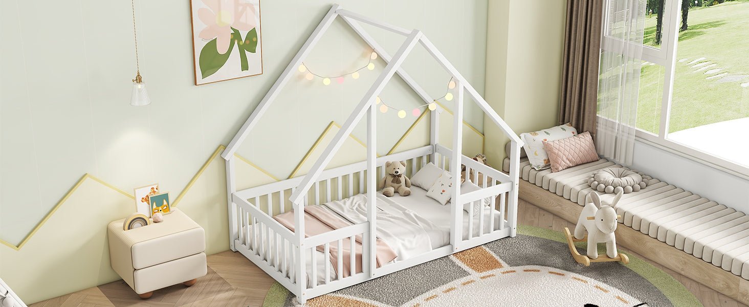 Twin Wood House - Shaped Floor Bed with Fence, Guardrails ,White - 1st Choice Furniture Direct