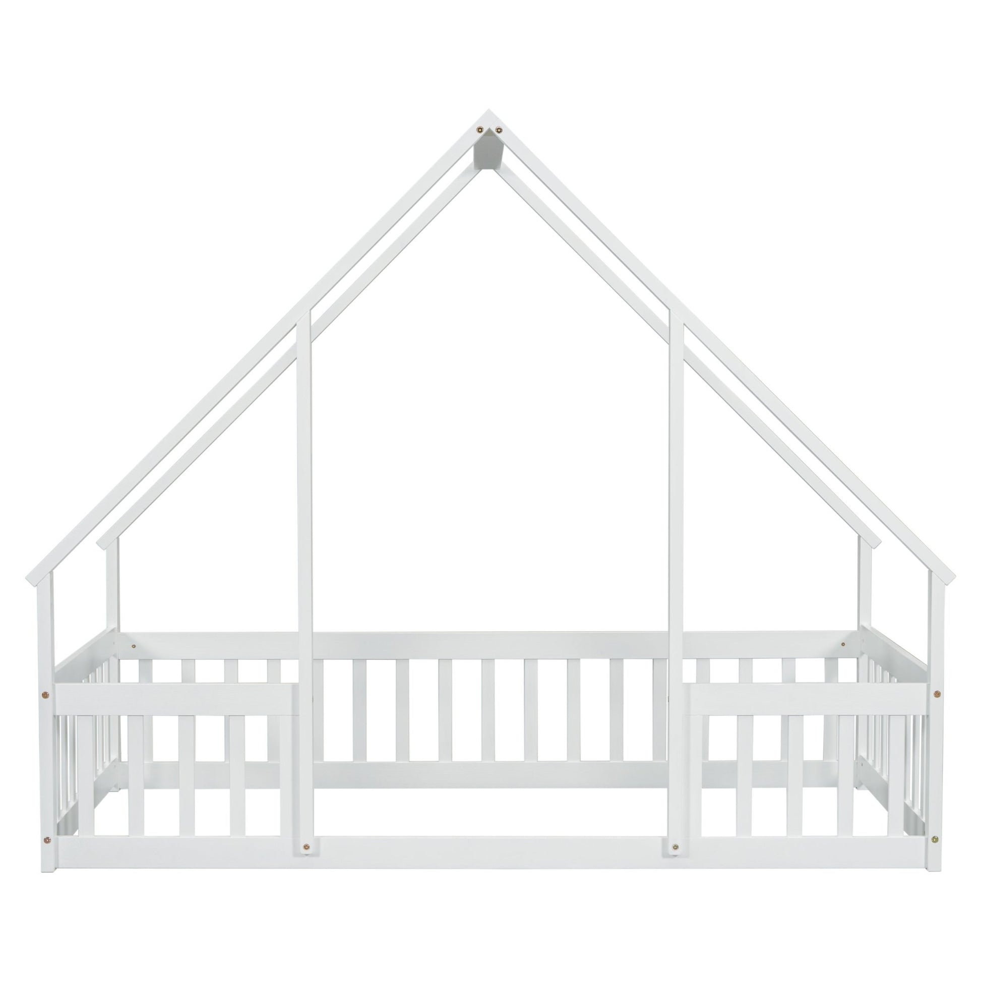 Twin Wood House - Shaped Floor Bed with Fence, Guardrails ,White - 1st Choice Furniture Direct