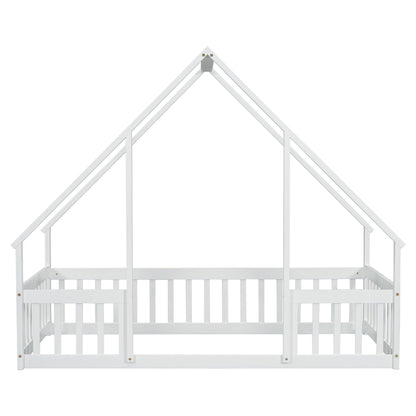 Twin Wood House - Shaped Floor Bed with Fence, Guardrails ,White - 1st Choice Furniture Direct