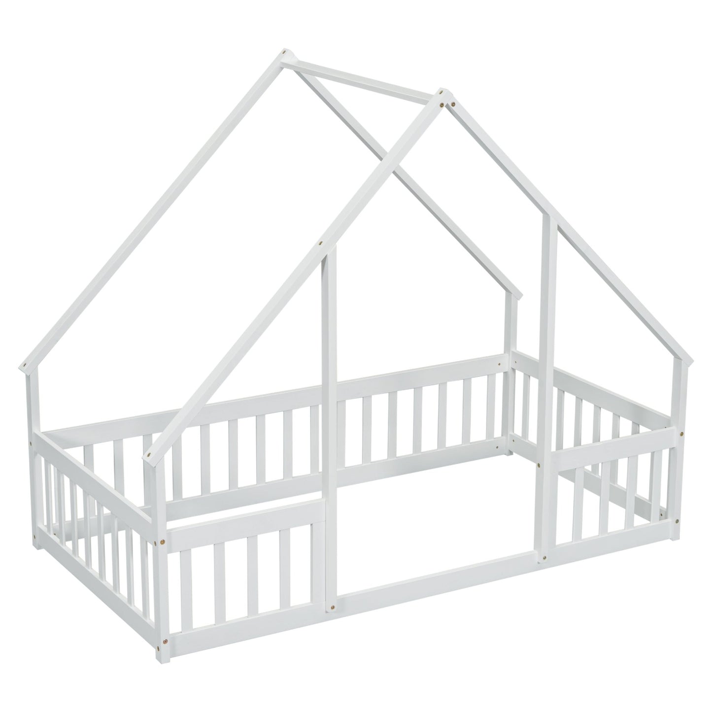 Twin Wood House - Shaped Floor Bed with Fence, Guardrails ,White - 1st Choice Furniture Direct