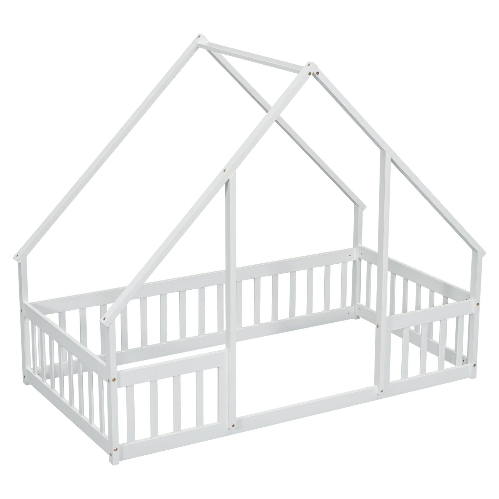 Twin Wood House - Shaped Floor Bed with Fence, Guardrails ,White - 1st Choice Furniture Direct