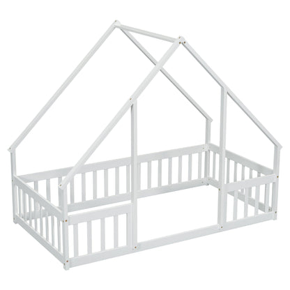 Twin Wood House - Shaped Floor Bed with Fence, Guardrails ,White - 1st Choice Furniture Direct