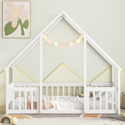 Twin Wood House - Shaped Floor Bed with Fence, Guardrails ,White - 1st Choice Furniture Direct