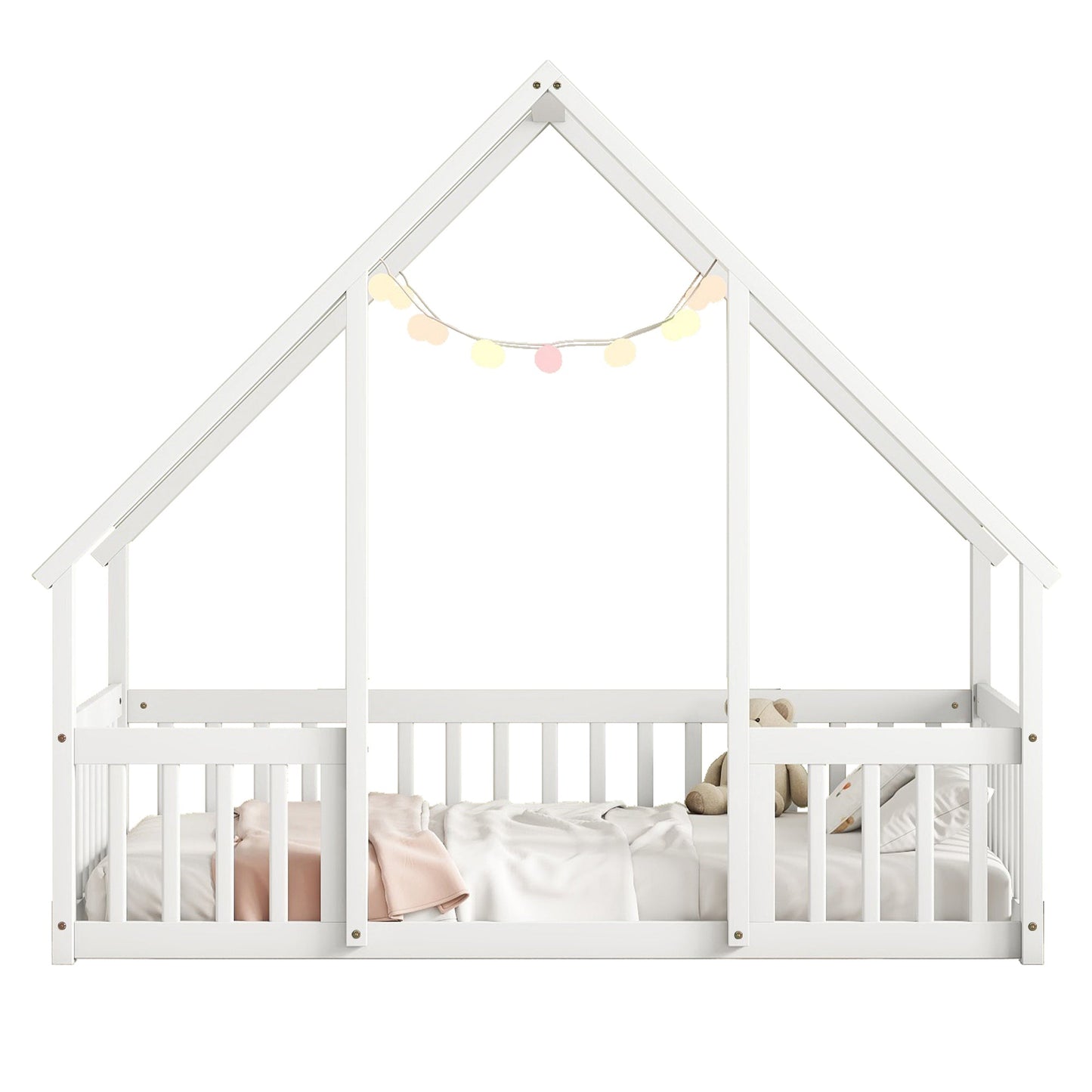 Twin Wood House - Shaped Floor Bed with Fence, Guardrails ,White - 1st Choice Furniture Direct